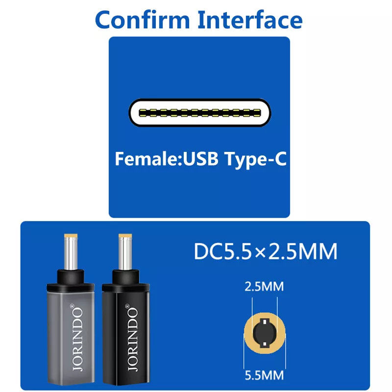 100 W USB Tipo C Fêmea Para DC 5,5 x 2,5 mm Macho Conector PD Carregamento Rápido