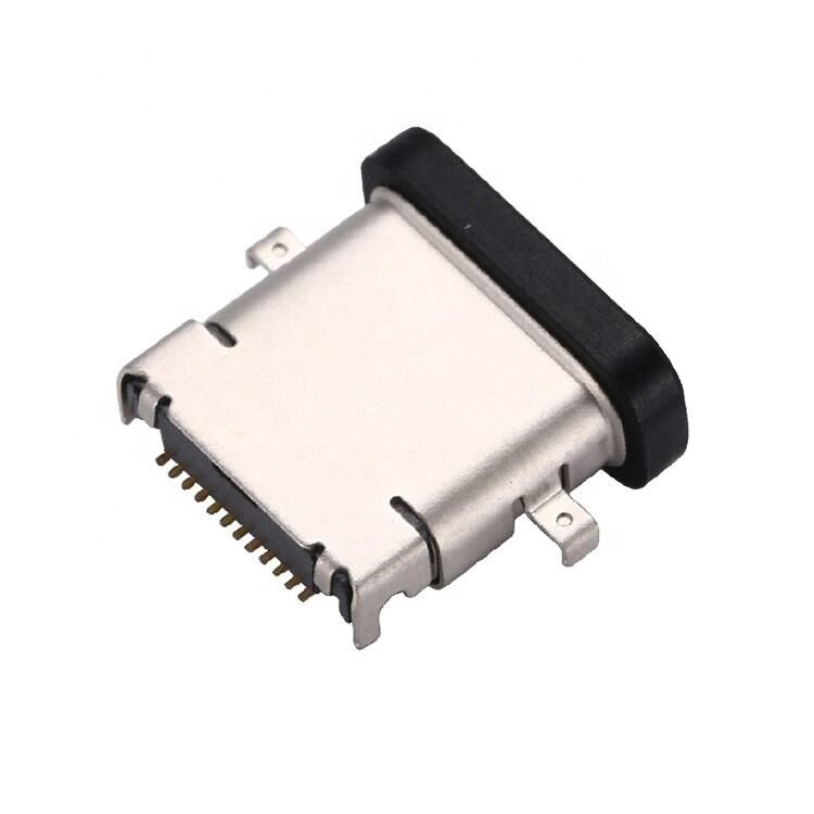 Conector Fêmea USB 3.1 Tipo C de 24 Pinos à Prova d'Água com Montagem Horizontal SMT DIP e Placa de Afundamento Tomada USB