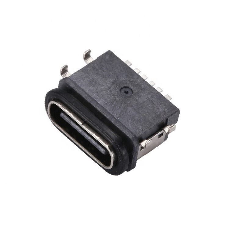Conector USB Tipo C de 6 pinos fêmea IPX7 à prova d'água com montagem SMT horizontal para transferência de dados